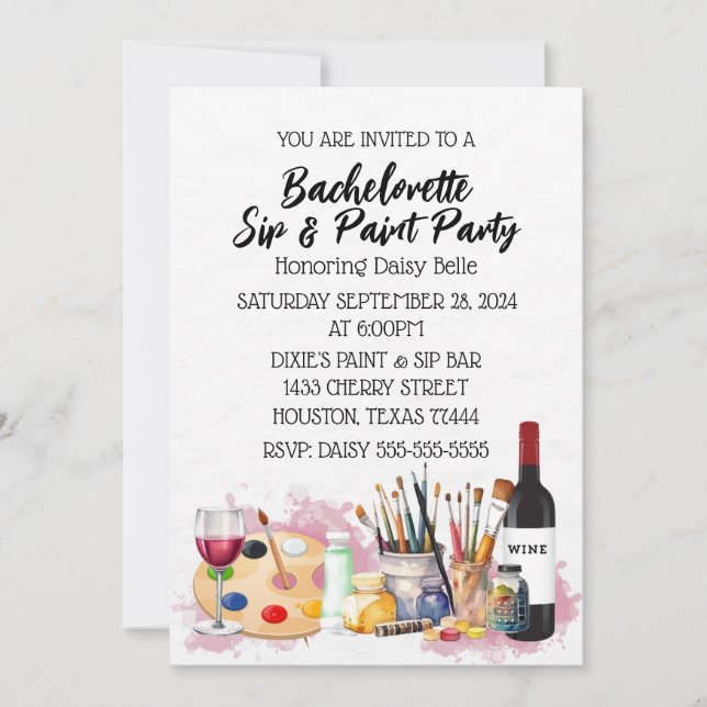 Paint & Sip Bachelorette Party Invitación (Anverso)