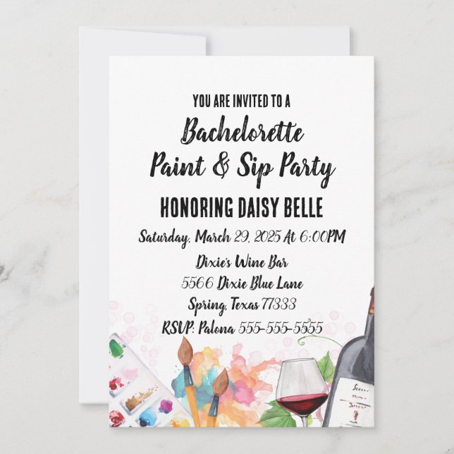 Paint & Sip Bachelorette Party Invitación (Anverso)