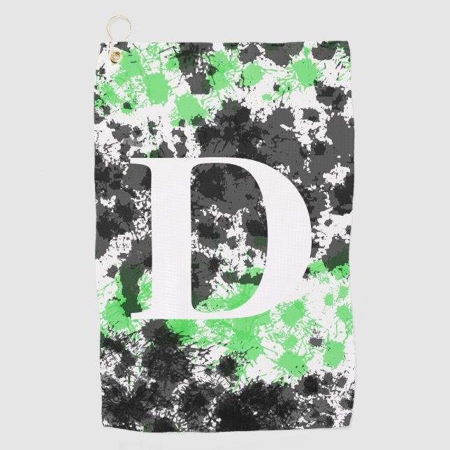 Paint Splatter Green Black Monogrammed Golf Toalla (Anverso)