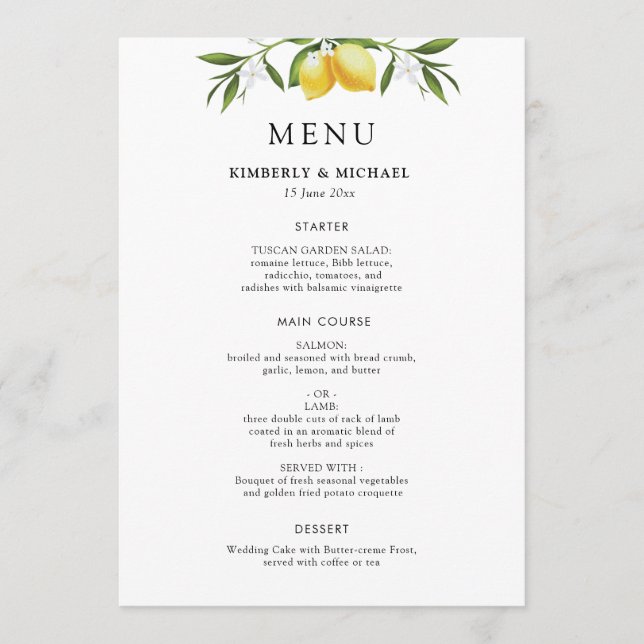Painted lemons greenery foliage wedding menu (Anverso)