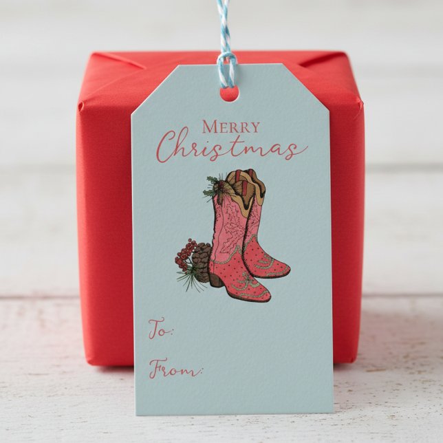 País Azul Feliz Navidad A Desde Etiqueta De Regalo (Country Cowgirl Boots Christmas Gift Tags for Her. Vintage Blue Rodeo Cowboy Boots & Xmas Pinecones)
