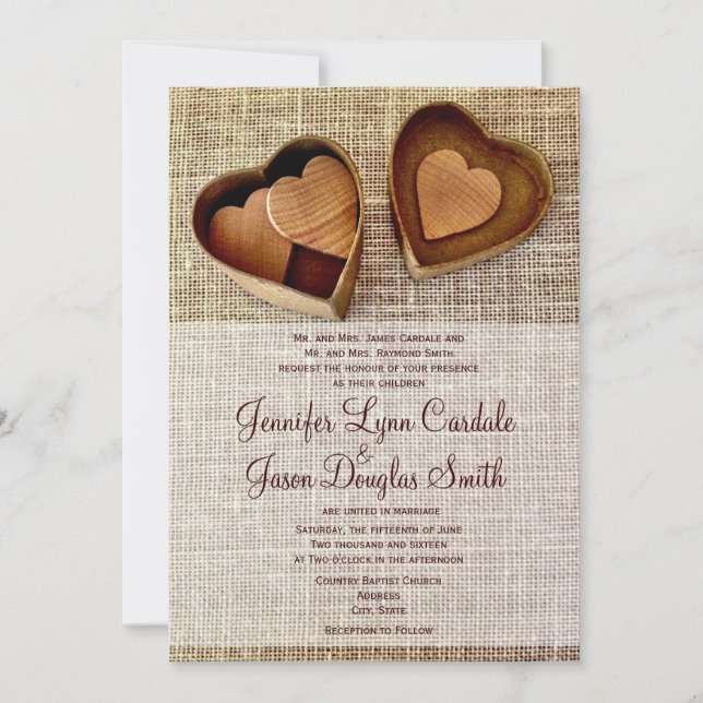 Pais Corazones de Madera Burlap Invitaciones a la  (Anverso)
