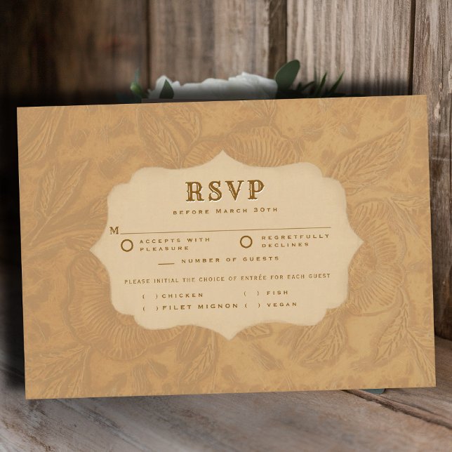 País de Vaqueros Tarjeta de RSVP de Comida Beige H (country rustic cowboy wedding rsvp meal choice faux tooled leather cream beige western frame)