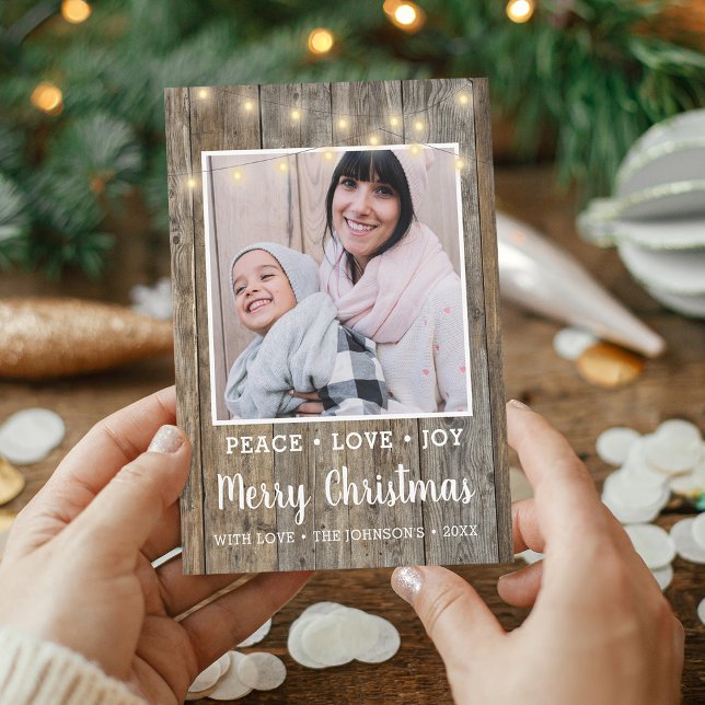 País Rústico Luces de Madera Foto Feliz Navidad (Country Rustic Wood Lights Photo Merry Christmas Holiday Card)