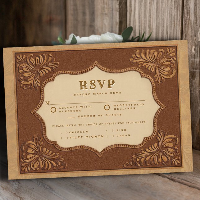 País Vaquero Tarjeta de RSVP de Comida de Cuero Tr (country rustic cowboy wedding rsvp meal choice faux tooled leather terracotta cream western frame)