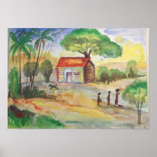 Paisaje de Aldea Acuarela – Arte de Pared Rural