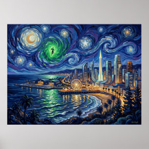 Paisaje de arte cómico de Coast City Starry Night