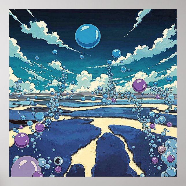 Paisaje de burbujas azules Poster arte de pared (Frente)