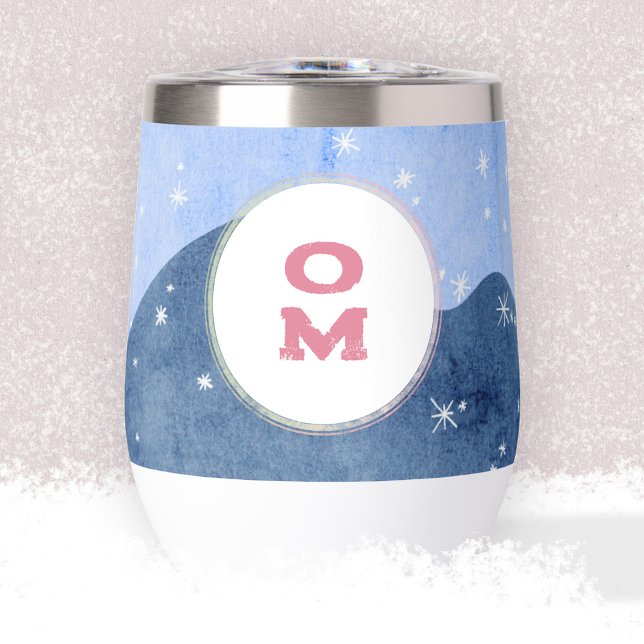 Paisaje de invierno acuarela Monograma Snowy (Watercolor Winter Landscape Monogram Snowy Thermal Wine Tumbler ©Susanne Sachers - Sunny Mind 🌞)