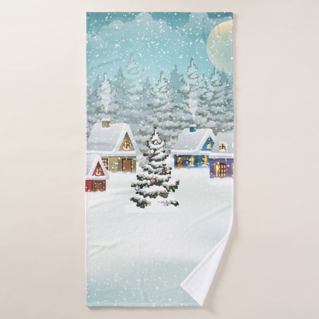 Paisaje de invierno de aldea con casas cubiertas d (Toalla de baño)