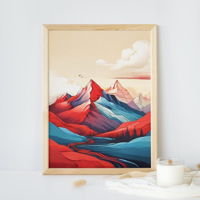 Paisaje de montaña Retro Ilustracion Arte Azul Roj (Subido por el creador)