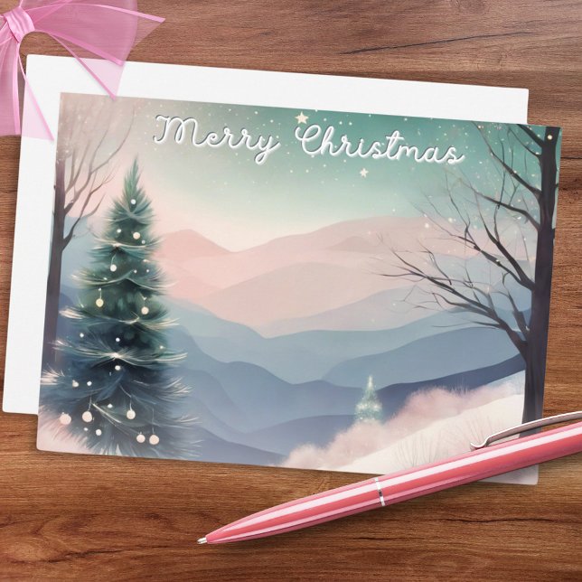 Paisaje de nieve de invierno bonito Feliz Navidad (A pretty Christmas card with snow scene in a watercolor style, with pastel pink, green and gray)