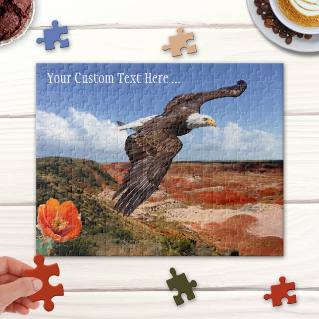 Paisaje fantástico con rompecabezas de águila calv (Puzzle featuring a fantasy landscape with bald eagle and blossoming cactus)