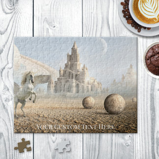 Paisaje fantástico con unicornio y rompecabezas de