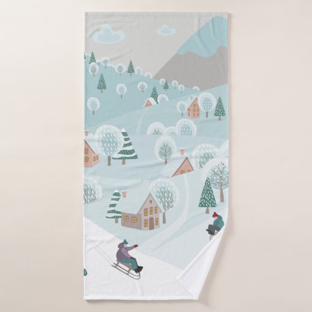 Paisaje invernal con nieve, árboles y niños en (Toalla de baño)