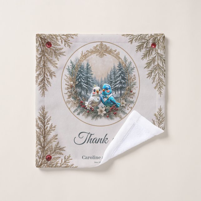 Paisaje invernal con una linda pareja de bodas de  (Toallita)