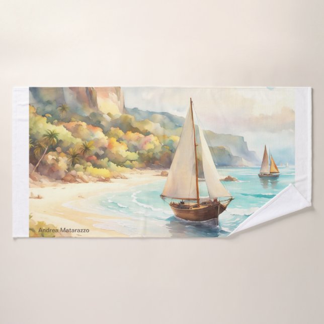 Paisaje marítimo y velero (Toalla de baño)