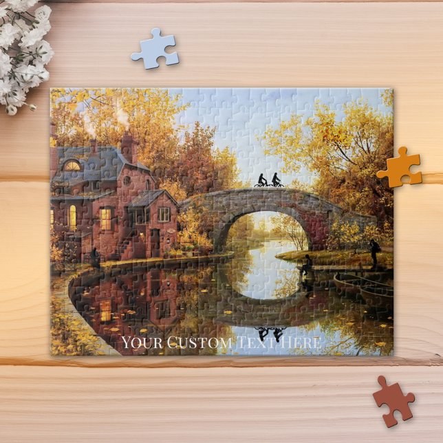 Paisaje otoñal con rompecabezas fluvial (Puzzle featuring a colorful autumn landscape with bridge over a river.)