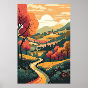 Paisaje pacífico y arte mural de árboles otoñales
