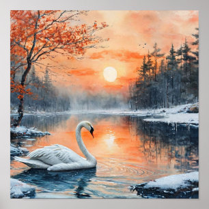 Paisaje Romántico de Cisnes en Impresión de Lago