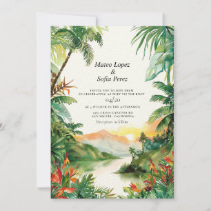 Paisaje tropical del atardecer Invitación a la bod
