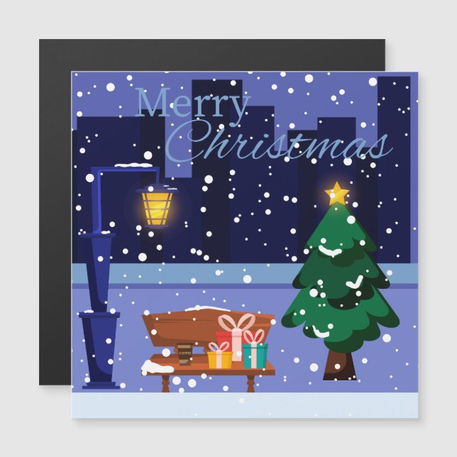 paisaje urbano de Navidad con farola, árbol y rega (Anverso/Reverso)