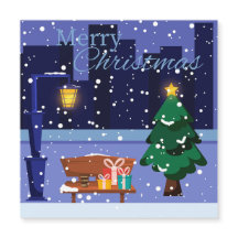 paisaje urbano de Navidad con farola, árbol y rega