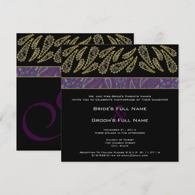 Paisley de ciruela morada y invitación a la boda d (Anverso / Reverso)