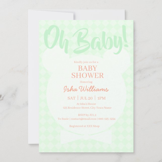 Pajarita de oso verde claro Invitación a baby show (Anverso)
