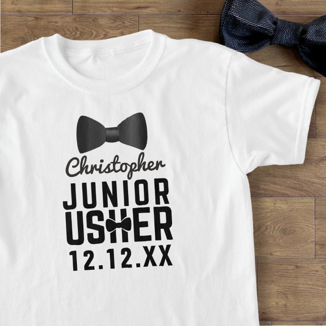 Pajarita Negra Junior Usher Ayudante Camiseta Blan (Just add your Junior Usher's name and your wedding date)