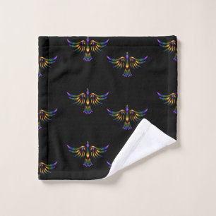 Pájaro abstracto dorado, púrpura y verde sobre neg