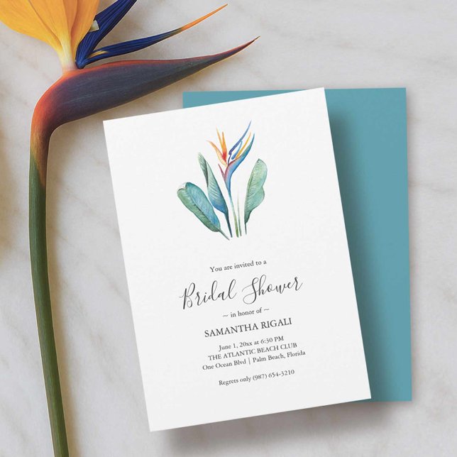 Pájaro acuarela de la ducha paralela (Bridal shower luncheon invitations tropical bird of paradise art Victoria Grigaliunas DoTellABelle)