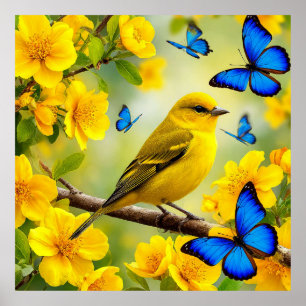 Pájaro Amarillo En Rama Arte De Pared De Naturalez