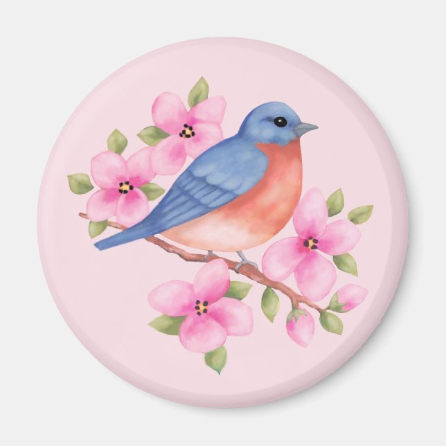 Pájaro azul con imán de flores rosadas (Frente)