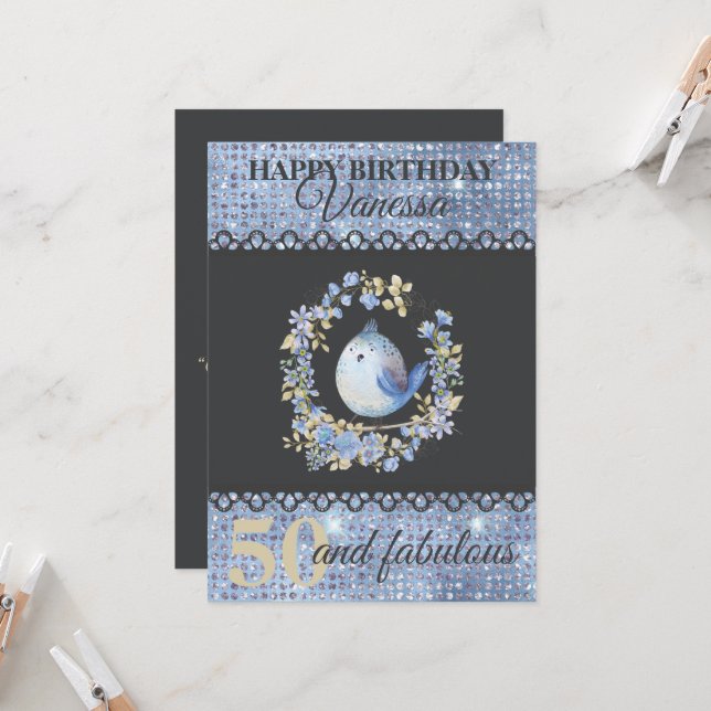 Pájaro azul en tarjeta de cumpleaños de flor wreat (Anverso/Reverso In Situ)