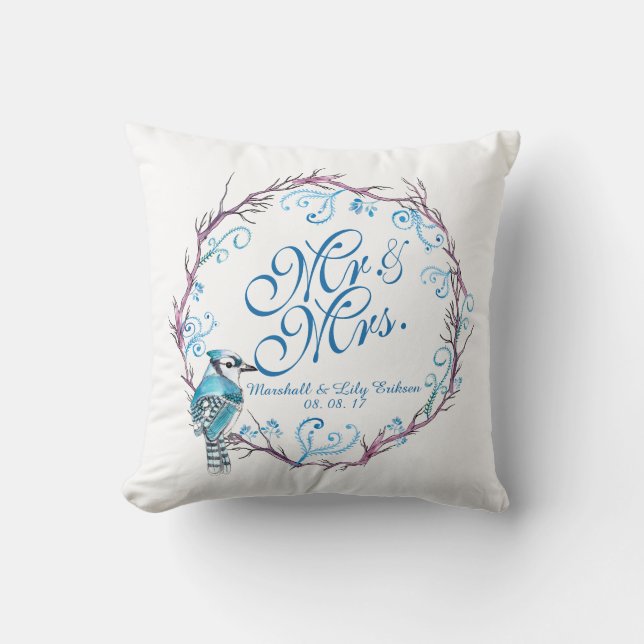 Pájaro azul personalizado y almohada floral de la (Anverso)