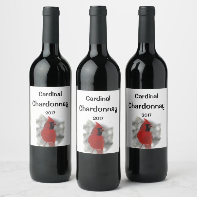 Pájaro cardenal rojo en etiqueta de vino de nieve  (Botellas)