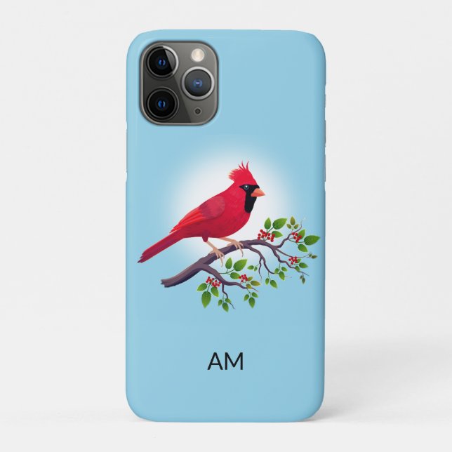 Pájaro cardenal rojo y monograma sobre Funda azul  (Reverso)