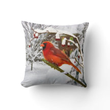 Pájaro cardinal, nieve, invierno, Cojín decorativo