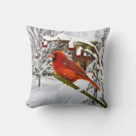 Pájaro cardinal, nieve, invierno, Cojín decorativo