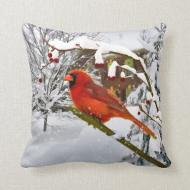 Pájaro cardinal, nieve, invierno, Cojín decorativo