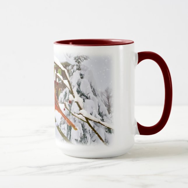 Pájaro cardinal, nieve, invierno, taza (Derecha)