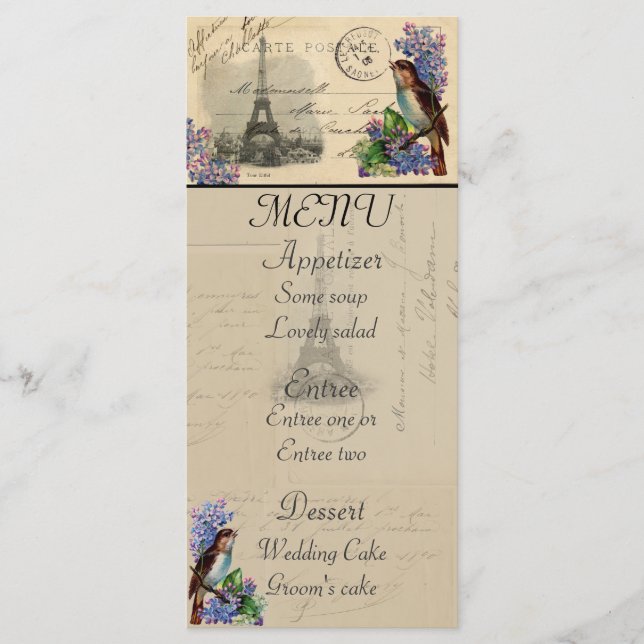 Pájaro de la postal de París en tarjeta del menú (Anverso)