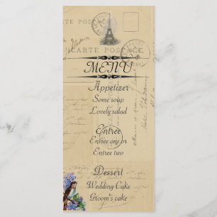 Pájaro de la postal de París en tarjeta del menú