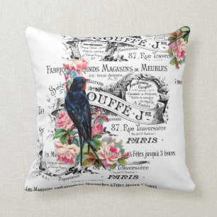 Pájaro del vintage, rosas, almohada de París