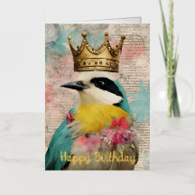 Pájaro en un Collage de Corona Cumpleaños Dorado