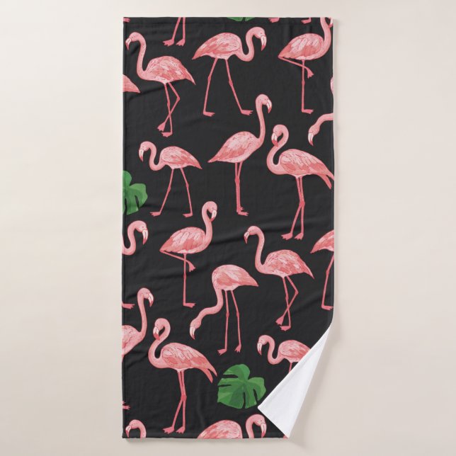 pájaro flamingo con patrón de hojas de palma monst (Toalla de baño)