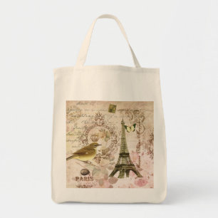 Pájaro francés vintage y bolsa de tote de la Torre