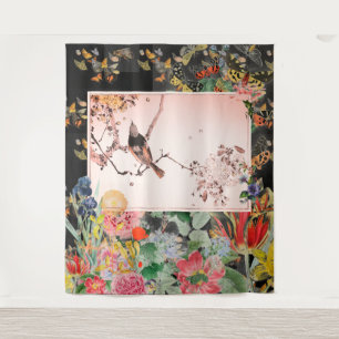 PÁJARO JAPONÉS CON FLORES EN Tapiz NEGRO