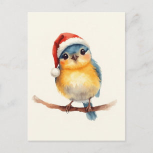 Pájaro Lindo con Gorro de Santa Acuarela Navidad